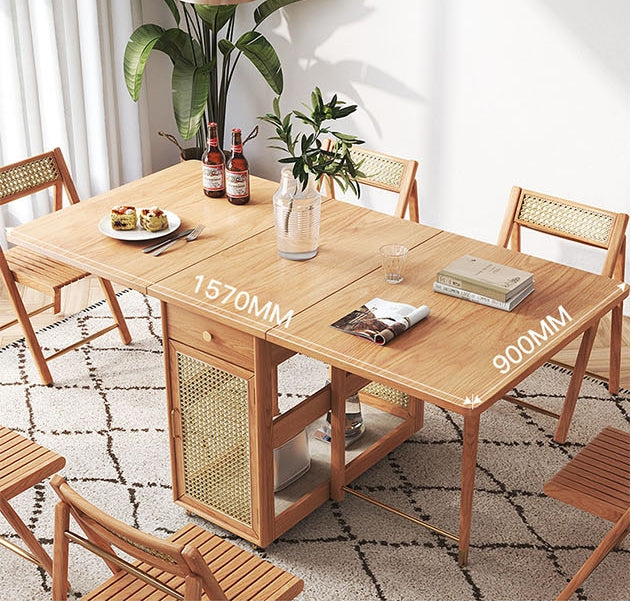 Nydia Foldable Dining Table Set With Storage, Rattan, Solid Wood