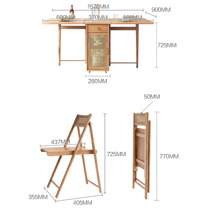 Nydia Foldable Dining Table Set With Storage, Rattan, Solid Wood