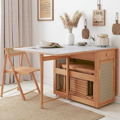 Nydia Foldable Dining Table Set With Storage, Rattan, Solid Wood